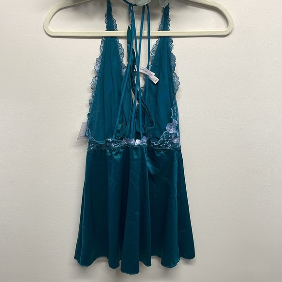 NWT Auden Halter Teal Satin Lace Strappy Back Babydoll Nightie and Thong Panty S - Picture 2 of 15